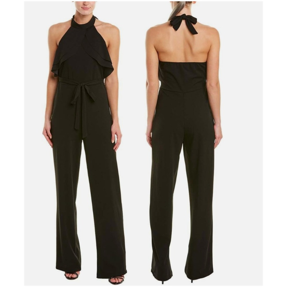 BEBE Jumpsuit Ruffled Halter Top Belted Wide Leg Pant‎ Romper, Sz 6 Retro NYE
